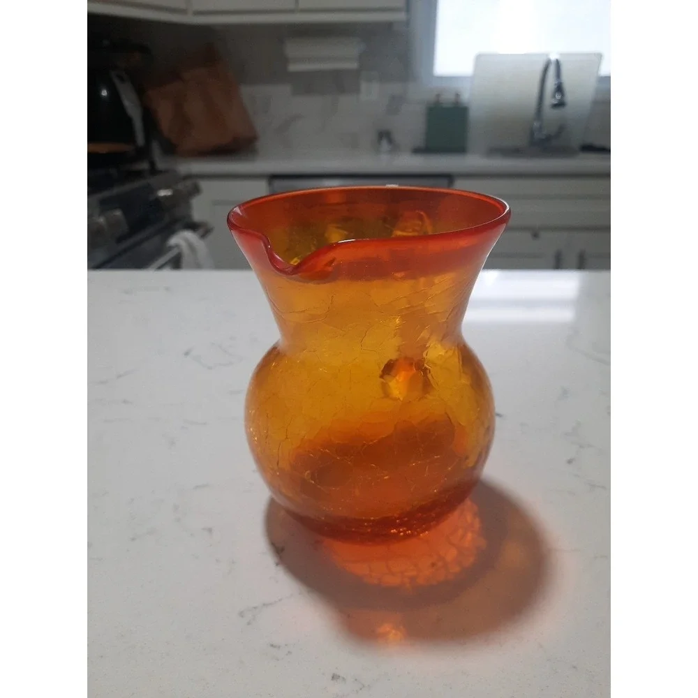 Vintage BLENKO Crackle Hand Blown Art Glass Tangerine/ Amberina Pitcher w Handle